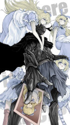  1boy 4girls absurdres alice_(black_souls) apron armor black_cape black_souls black_souls_2 blonde_hair blue_dress blue_eyes blush bow cape closed_mouth daughter_alice_(black_souls) dress full_armor grimm_(black_souls) hair_bow hand_on_another&#039;s_head helmet highres long_hair looking_at_viewer mother_alice_(black_souls) multiple_girls open_mouth photo_(object) scrapiron2800 sister_alice_(black_souls) smile white_apron 