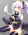  1girl bangs between_legs black_bowtie black_legwear black_wings blush bowtie breasts cleavage covered_navel covered_nipples demon_girl demon_horns demon_tail earrings eteru_(mofuaki) feathered_wings frills gem grey_background hair_between_eyes hair_ornament hand_between_legs horns impossible_clothes jewelry large_breasts leotard long_hair looking_at_viewer low_wings mofuaki original pointy_ears purple_hair scratches see-through simple_background sitting sleeveless smile solo tail thigh-highs violet_eyes wariza wings 