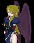  1girl angel_wings black_wings blonde_hair blush boots breasts breath_of_fire breath_of_fire_ii bridal_gauntlets dress eriko eyeliner green_eyes knee_boots large_breasts large_wings legs long_hair long_legs makeup nina_(breath_of_fire_ii) no_panties side_slit solo thigh-highs thigh_boots thighs wings 