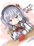  1girl blue_eyes darkside food fruit gloves hat kantai_collection kashima_(kantai_collection) long_hair one_eye_closed silver_hair smile solo strawberry twintails uniform wavy_hair 
