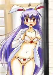  /\/\/\ 1girl animal_ears blush bra dokuna dressing long_hair navel open_clothes open_shirt panties purple_hair rabbit_ears red_eyes reisen_udongein_inaba shirt solo sweat touhou underwear undone very_long_hair white_bra white_panties 