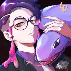  1boy absurdres arbok black-framed_eyewear black_background black_jacket closed_mouth collared_shirt commentary_request corbeau_(pokemon) eyelashes glasses hand_up highres jacket korean_commentary lb_(lv_b2) male_focus necktie pokemon pokemon_(creature) pokemon_legends:_z-a purple_shirt round_eyewear shirt short_hair signature white_necktie yellow_eyes 