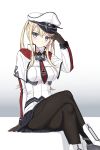  1girl black_legwear blonde_hair breasts brown_gloves capelet cnm crossed_legs gloves graf_zeppelin_(kantai_collection) grey_eyes grey_skirt hat hat_tip kantai_collection large_breasts looking_at_viewer military military_hat military_uniform necktie pantyhose peaked_cap pleated_skirt sidelocks sitting skirt solo twintails uniform white_gloves 