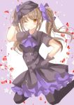  1girl alternate_costume ascot bow brown_eyes brown_hair erika_(ym0311) gloves hair_bow hand_on_hip hat highres himekaidou_hatate one_eye_closed petals solo touhou twintails 