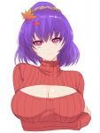  1girl arm_grab autumn_leaves breasts cleavage hair_bun head_tilt highres large_breasts looking_at_viewer open-chest_sweater pink_eyes purple_hair red_shirt ribbed_sweater shiny shiny_hair shiny_skin shirt short_hair simple_background smile solo sweater touhou turtleneck turtleneck_sweater upper_body white_background x&amp;x&amp;x yasaka_kanako 