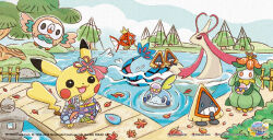  :3 autumn_leaves ball blue_eyes bridge bright_pupils bush closed_mouth clothed_pokemon company_name copyright_name copyright_notice dot_nose fish flying grass highres holding holding_ball japanese_clothes kimono leaf lilligant magikarp milotic nostrils official_art open_mouth orange_eyes outdoors pikachu poke_ball_theme pokemon pokemon_(creature) pokemon_focus prism_scale rock rowlet shibuzoh smile snorunt sobble teeth tree water wavy_mouth white_pupils wooden_bridge 