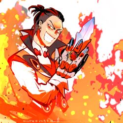  1boy black_hair cream56k fire fire_candle_(super_sentai) multicolored_hair no.1_sentai_gozyuger parted_lips red_hair sentai_ring solo super_sentai teeth tega_sword two-tone_hair upper_body 