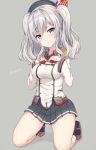  1girl blue_eyes blush breasts epaulettes gloves hat kantai_collection kashima_(kantai_collection) looking_at_viewer military military_uniform nikkunemu silver_hair skirt solo twintails uniform wavy_hair 