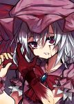  1girl blood blood_on_hands bloody_tears blue_hair clenched_teeth hat hat_ribbon highres izayoi_cha looking_at_viewer mob_cap puffy_sleeves red_eyes remilia_scarlet ribbon short_hair short_sleeves solo touhou upper_body wrist_cuffs 