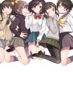  5girls :d ^_^ arm_grab bangs black_hair black_legwear blazer blue_eyes blue_shirt blunt_bangs blush brown_eyes brown_hair closed_eyes closed_mouth earrings eyebrows eyebrows_visible_through_hair girl_sandwich grey_skirt hair_bun head_tilt highres jewelry jumping loafers long_sleeves looking_at_viewer loose_socks low_twintails miniskirt multiple_girls nail_polish one_eye_closed open_mouth original pantyhose parted_lips plaid plaid_bowtie plaid_skirt pleated_skirt red_bowtie ribbon sandwiched school_uniform serafuku shigure_ui shirt shoes short_hair simple_background skirt skirt_tug sleeves_past_wrists smile socks sweater_vest swept_bangs twintails upskirt violet_eyes white_background white_blouse white_legwear white_shirt yellow_ribbon 