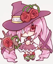  1girl bandage_over_one_eye bandages boots chibi detached_sleeves drill_hair emil_chronicle_online flower hair_ribbon hat hat_flower highres holding holding_staff long_hair mummy_alma navel pink_hair purple_boots purple_shirt purple_skirt red_eyes ribbon rose shirt skirt sleeveless sleeveless_shirt staff thorns twintails witch_hat yusa_yuyu 