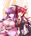  2girls bent_over between_breasts blazer book breast_grab breasts cleavage cleavage_cutout coat crescent_hair_ornament demon_girl demon_wings dress fangs fumitsuki_(minaduki_6) hair_ornament head_wings heart juliet_sleeves koakuma large_breasts long_sleeves multiple_girls necktie necktie_between_breasts one_eye_closed open_clothes open_coat open_mouth patchouli_knowledge puffy_sleeves purple_dress purple_hair red_eyes redhead shirt skirt skirt_set smile touhou vest violet_eyes wide_sleeves wings yuri 