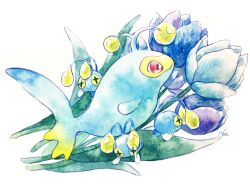  animal_focus blue_flower chinchou evolutionary_line fish flower flower_request full_body lanturn no_humans non_(kumakawayusu) painting_(medium) pokemon pokemon_(creature) red_eyes signature simple_background traditional_media watercolor_(medium) white_background 