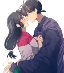  1boy 1girl black_hair blush couple hetero hug incipient_kiss inuyasha japanese_clothes kouyou_(12953910) long_hair miroku_(inuyasha) sango 