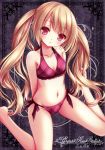  1girl :o absurdres barefoot bikini blonde_hair blush circle_name collarbone cursive flat_chest floral_background frilled_bikini frills highres long_hair navel plaid plaid_bikini red_bikini red_eyes scan side-tie_bikini sitting solo swimsuit tinker_bell twintails very_long_hair wariza 