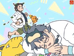 2boys 2others ahoge artist_logo bandaid bandaid_on_hand bandaid_on_leg beard beard_stubble black_hair black_shirt blush brown_hair bruise closed_mouth commentary_request drowzee eye_mask facial_hair green_pants injury lab_coat leaf leaf_on_head logo looking_at_another mhagesama multiple_boys multiple_others notice_lines odamaki_(pokemon) open_mouth pants pokemon pokemon_(creature) pokemon_rse pokemon_sleep professor_birch professor_neroli running shirt sleeping slippers stubble torchic