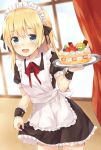  1girl :d apron blonde_hair blue_eyes blush cake commentary_request cowboy_shot curtains food fruit long_hair looking_at_viewer maid maid_headdress open_mouth original puffy_short_sleeves puffy_sleeves short_sleeves smile solo wheel_(misoshire) window 