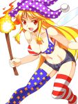  1girl american_flag_bikini american_flag_legwear bare_arms bare_shoulders bikini blonde_hair breasts cleavage clownpiece collarbone fairy_wings flag_print hat highres jester_cap large_breasts long_hair midriff mono_(moiky) navel open_mouth red_eyes short_shorts shorts smile solo swimsuit thigh-highs torch touhou very_long_hair wings 