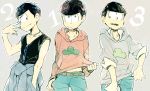  3boys bangs black_hair brothers choromatsu clothes_around_waist cowboy_shot denim grey_background hand_in_pocket hoodie jacket_around_waist jeans karamatsu male_focus multiple_boys osomatsu-kun osomatsu-san osomatsu_(osomatsu-kun) pants shirt_lift siblings simple_background sleeves_rolled_up smile sunglasses swept_bangs v-neck wakaya_hana 