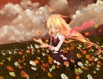  1girl alternate_hair_length alternate_hairstyle blonde_hair clouds cloudy_sky ex-rumia field flower flower_field hair_ribbon issin. long_hair necktie red_eyes ribbon rumia shirt skirt sky solo touhou vest 