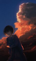  1girl arms_at_sides banakotakemaru black_eyes black_hair blue_sky closed_mouth cloud_focus clouds cloudy_sky commentary_request evening expressionless feet_out_of_frame grey_neckerchief grey_sailor_collar grey_serafuku grey_shirt grey_skirt highres long_sleeves neckerchief orange_clouds original outdoors pleated_skirt sailor_collar school_uniform serafuku shirt short_hair skirt sky sky_focus solo standing sunset 