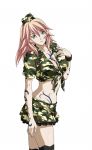  1girl black_legwear breasts camouflage camouflage_hat camouflage_skirt cleavage front-tie_top hat highres ikkitousen looking_at_viewer military military_uniform shibai_chuutatsu simple_background skirt solo tattoo thigh-highs uniform white_background 