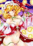  1girl arched_back blonde_hair blush bow breasts choker christmas cleavage collarbone covered_nipples elbow_gloves flandre_scarlet gloves hat hat_bow large_breasts light_particles lips looking_at_viewer loose_panties mitunariia mob_cap navel panties red_gloves red_panties ribbon_choker short_hair side_ponytail smile solo stomach strapless string_panties thighs touhou traditional_media underwear wavy_hair wings 