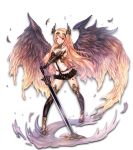  1girl armor bare_shoulders beads belt black_feathers black_wings blonde_hair boots choker corset dark_angel_olivia expressionless full_body gauntlets granblue_fantasy highres horns jewelry long_hair long_sword multicolored_wings red_eyes shingeki_no_bahamut solo standing sword thigh-highs thigh_boots untsue very_long_hair weapon wings yellow_wings zettai_ryouiki 