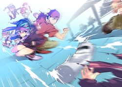  1boy 1girl accident animal_ears backwards_hat baseball_cap blush character_request crash dress hair_ornament hat headphones hooded_jacket hoodie jacket long_hair petenshi_(dr._vermilion) purple_hair short_hair skateboard smile twintails violet_eyes vocaloid voiceroid yuzuki_yukari 