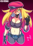  1girl artist_name black_gloves breasts earrings female fusion gloves gradient gradient_background green_eyes hair_over_one_eye hat jewelry large_breasts lips looking_at_viewer midriff navel pantyhose pink_background red_background rockman rockman_dash rog_rockbe roll_caskett short_shorts shorts solo strapless suspenders translated tron_bonne tubetop 