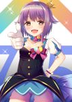  1girl :d blush breasts brown_eyes cleavage crown dress gloves hand_on_hip highres idolmaster idolmaster_cinderella_girls koshimizu_sachiko looking_at_viewer open_mouth pointing puffy_sleeves purple_hair short_hair shorts smile solo star!! thigh-highs umihotaru_harumare 