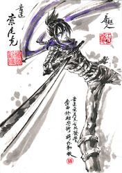  1boy armor black_hair boots facial_mark fighting_stance gloves holding_sword holding_weapon katana kyokugen_no_michi looking_at_viewer male_focus ninja onepunch_man onsoku_no_sonic ponytail purple_scarf scarf simple_background solo spot_color sword text traditional_media translation_request weapon white_background 