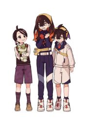 2enn3n 2girls black_hair blue_jacket blue_pants blue_shirt brown_eyes carmine_(pokemon) clenched_hands commentary crossed_bangs full_body gloves hair_between_eyes hair_ornament hairband highres holding holding_pokemon jacket juliana_(pokemon) kieran_(pokemon) long_hair long_sleeves mole mole_on_neck mole_under_eye multiple_girls pants pokemon pokemon_(creature) pokemon_sv purple_hair red_gloves red_hair shirt shoes shorts simple_background single_glove socks sprigatito standing white_background white_shirt white_shoes white_shorts yellow_bag yellow_eyes yellow_hairband 