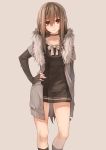  1girl absurdres artist_request brown_hair collarbone contrapposto cowboy_shot dress hand_on_hip highres jacket long_hair open_clothes open_jacket original red_eyes simple_background solo 