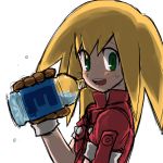  1girl blonde_hair blush bottle brown_gloves energy_tank gloves green_eyes hat jacket long_hair looking_at_viewer muramasa-sushi no_hat rockman rockman_dash roll_caskett solo sweat water_bottle white_background 