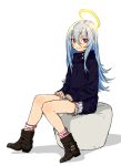  1girl blue_hair halo long_hair looking_at_viewer original red_eyes simple_background sitting smile solo white_background yukichi_(ohuton_zzz) 