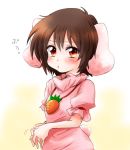  1girl animal_ears blush brown_hair bunny_tail carrot_necklace dress hands_together inaba_tewi looking_at_viewer pout puffed_cheeks rabbit_ears red_eyes short_hair shy solo tail touhou unya 