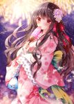  1girl :o bangs blush bow brown_hair fan fireworks fish floral_print flower goldfish green_bow hair_flower hair_ornament hair_ribbon japanese_clothes kimono long_hair long_sleeves looking_at_viewer night night_sky nogi_takayoshi obi original paper_fan parted_lips purple_flower red_eyes red_ribbon ribbon sash sidelocks sky sleeves_past_wrists solo standing star_(sky) starry_sky uchiwa very_long_hair water wide_sleeves 