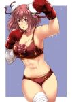  1girl abs bandages blue_background boxing_gloves breasts bun_cover cleavage cowboy_shot double_bun flower hips ibaraki_kasen large_breasts looking_up motion_lines muscle open_mouth pink_eyes pink_hair punching short_hair short_shorts shorts solo sports_bra sweat thighs tobisawa touhou 