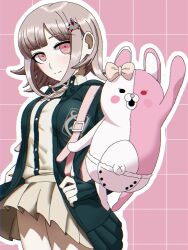  1girl breasts brown_hair collared_shirt danganronpa_(series) danganronpa_2:_goodbye_despair diaper flipped_hair galaga hair_ornament jacket long_sleeves looking_at_viewer medium_hair monomi_(danganronpa) nanami_chiaki neck_ribbon open_clothes open_jacket pink_eyes pink_ribbon pleated_skirt ribbon rin_pa shirt skirt smile spaceship_hair_ornament white_shirt 
