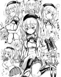  1girl ass_shake binoculars black_legwear blush breasts closed_eyes commentary_request epaulettes finger_to_mouth hair_twirling hand_on_own_chin hands_together hat highres kantai_collection kashima_(kantai_collection) laughing long_hair looking_at_viewer looking_back monochrome pleated_skirt pose pout pouty_lips question_mark shinkun sidelocks simple_background sitting skirt smile solo sparkle sweat tears translation_request twintails wavy_mouth white_background 