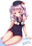  1girl alternate_costume blue_eyes blush breasts hat kantai_collection kashima_(kantai_collection) looking_at_viewer n@ss ro-500_(kantai_collection) ro-500_(kantai_collection)_(cosplay) school_swimsuit silver_hair solo swimsuit swimsuit_under_clothes twintails wavy_hair 