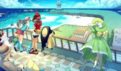  1boy 3girls alternate_color ariekochan ass bandana beach bench bike_shorts bike_shorts_under_shorts blonde_hair blue_shirt blue_sky blush breasts brown_eyes brown_hair bucket_hat bulbasaur cane clouds day dress drinking facial_hair fanny_pack fence gentleman_(pokemon) gloves green_dress grey_hair hand_on_cane hat highres holding holding_cane holding_juice_box jacket juice_box lady_(pokemon) leaf_(pokemon) leaning lighthouse lilycove_city long_hair long_sleeves loose_socks manectric mawile may_(pokemon) mudkip multiple_girls mustache ocean outdoors parted_lips pokemon pokemon_(creature) pokemon_emerald pokemon_frlg pokemon_rse porkpie_hat ralts red_bandana red_shirt red_skirt seviper shiny_pokemon shirt short_hair shorts shorts_under_shorts sitting skirt sky sleeveless sleeveless_shirt smile socks suit sun_hat swablu teeth water white_hat wristband yellow_bag zangoose 