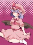  &gt;:( 1girl ascot bat_wings blush brooch commentary dress halftone halftone_background hammer_(sunset_beach) hat jewelry looking_at_viewer no_shoes pink_eyes polka_dot polka_dot_background purple_background remilia_scarlet short_hair sitting socks solo touhou wariza wings 