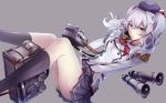  1girl beret binoculars buttons epaulettes gloves grey_background hat jacket kantai_collection kashima_(kantai_collection) kerchief legs looking_at_viewer machinery military military_uniform miniskirt pokimari sidelocks silver_hair simple_background skirt socks solo tsurime twintails uniform wavy_hair white_gloves 