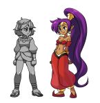  2girls ajna_(indivisible) ankle_wraps armband beads blue_eyes breasts cleavage commentary crossover dark_skin earrings forehead_jewel full_body hair_ornament hair_tubes harem_pants hoop_earrings indivisible jewelry long_hair midriff multiple_girls navel official_art pants partially_colored pointy_ears pointy_shoes purple_hair sandals see-through shantae shantae_(character) shoes short_hair smile tiara very_long_hair 