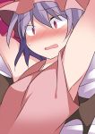  1girl armpits arms_up bat_wings blush chemise commentary_request embarrassed hammer_(sunset_beach) hat lavender_hair narrowed_eyes open_mouth pink_eyes remilia_scarlet short_hair solo touhou upper_body wings 