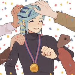  5boys aqua_hair black_shirt clenched_hand closed_eyes commentary_request confetti dark-skinned_male dark_skin eyelashes grin grusha_(pokemon) hand_on_another&#039;s_shoulder happy highres long_sleeves male_focus medal medium_hair multiple_boys pao_cha_n pokemon pokemon_sv shirt smile teeth twitter_username watermark white_background 