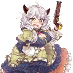  &gt;:( 1girl ahoge bangs blush breasts capelet chan_co cleavage doraf dress frills granblue_fantasy green_eyes gun holding_gun holding_weapon horns kumuyu large_breasts long_hair looking_at_viewer low_twintails nose_blush open_mouth revision silver_hair simple_background solo tears twintails weapon white_background 