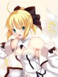  1girl ahoge bare_shoulders blonde_hair bow dress fate/stay_night fate/unlimited_codes fate_(series) green_eyes hair_bow highres open_mouth ponytail saber saber_lily skylader smile solo 